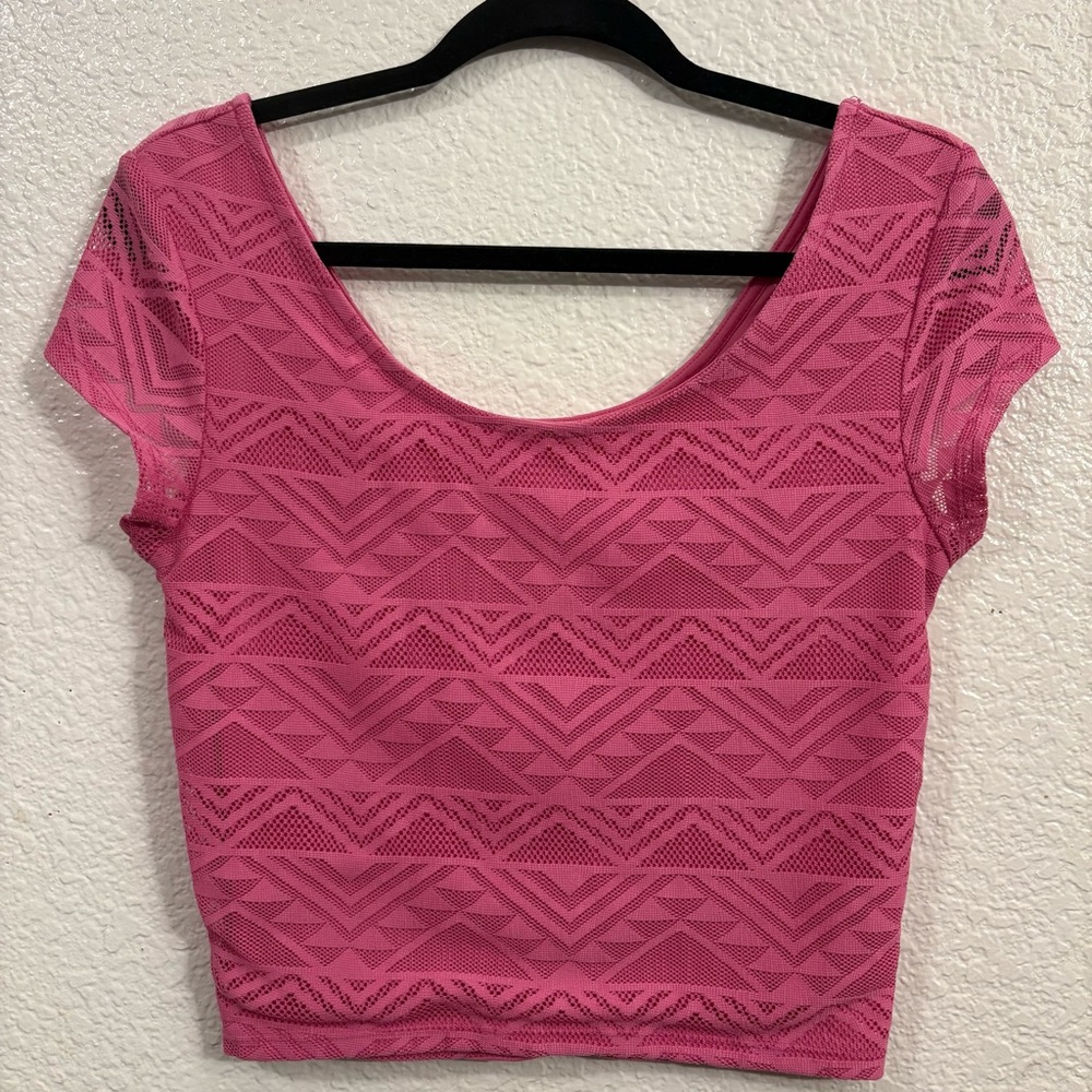Candie's‎ Pink Lace Crop Top Women Size L Geometric Stretch Short Sleeve